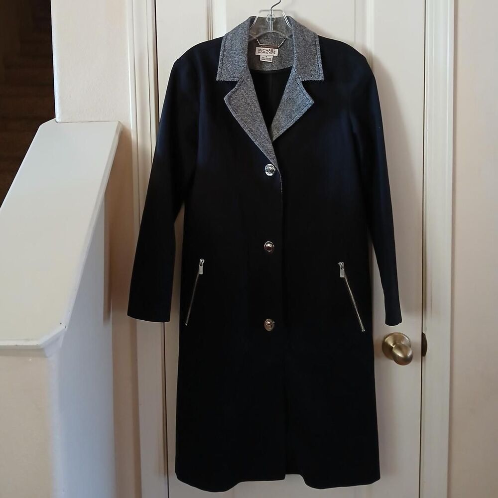 Michael Kors Black Wool Blend Beltless Trench Coat Tweed Trim Silver Twist Lock